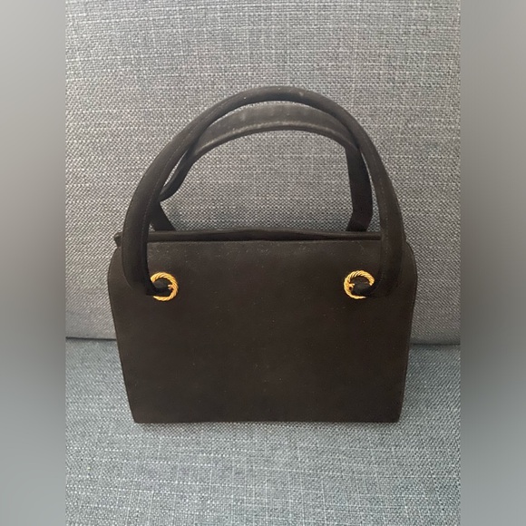 Vintage 2 Pieces Black Suede Leather Top Handle Handbag Gold Hardware Bee Accent - Picture 3 of 16